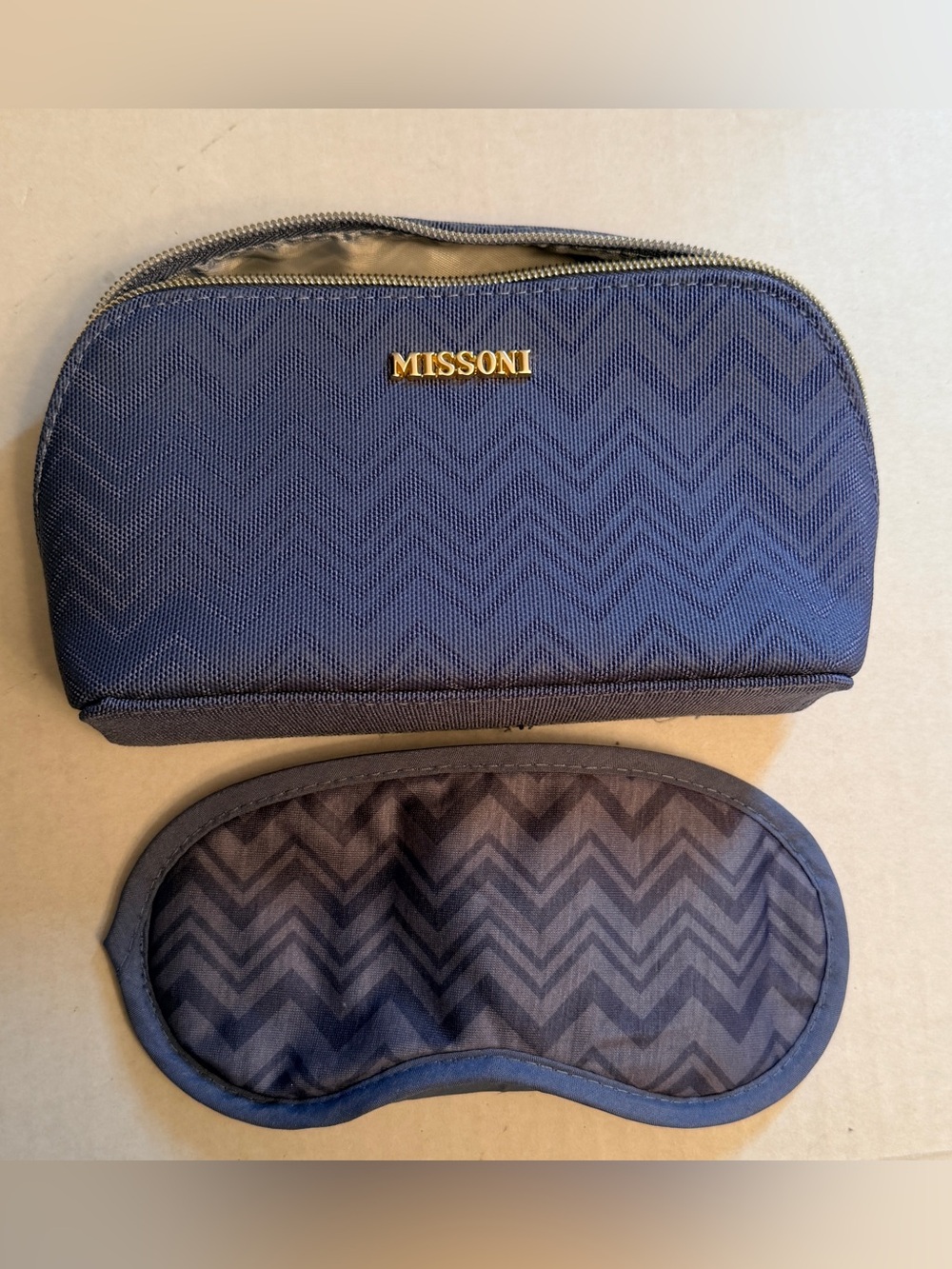 Missoni Delta Travel Bag Toiletry Zip Pouch Case & Eye Mask Blue Zig Zag Chevron
